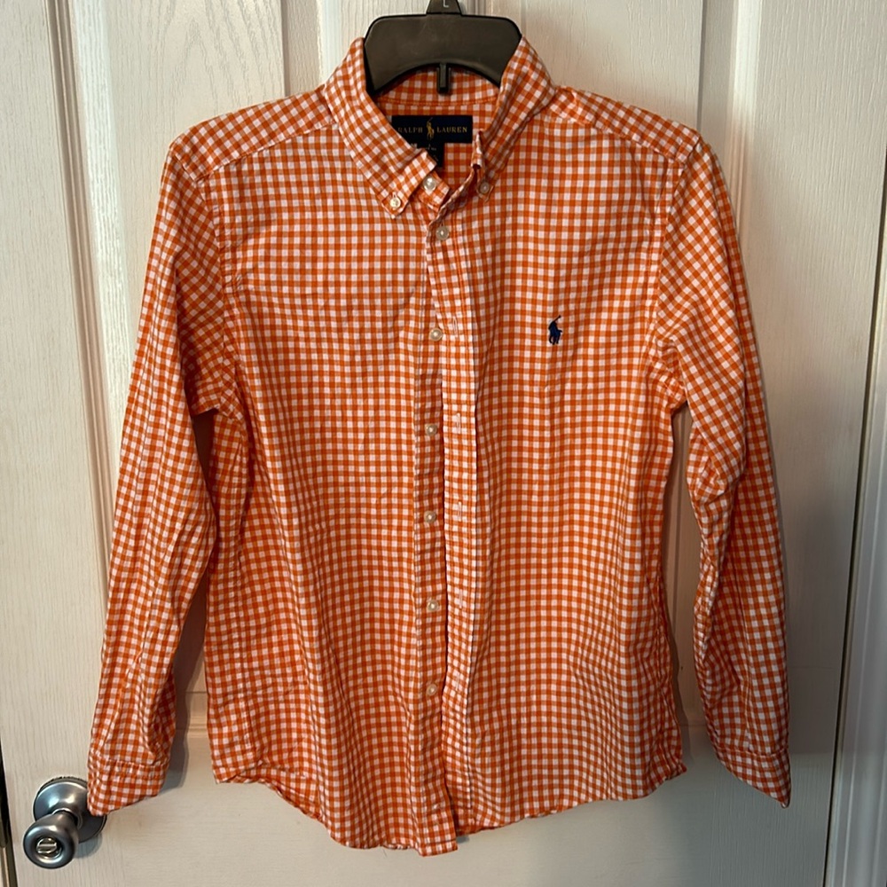 Ralph Lauren Boys Orange Gingham Polo Button Up Shirt size 14/16